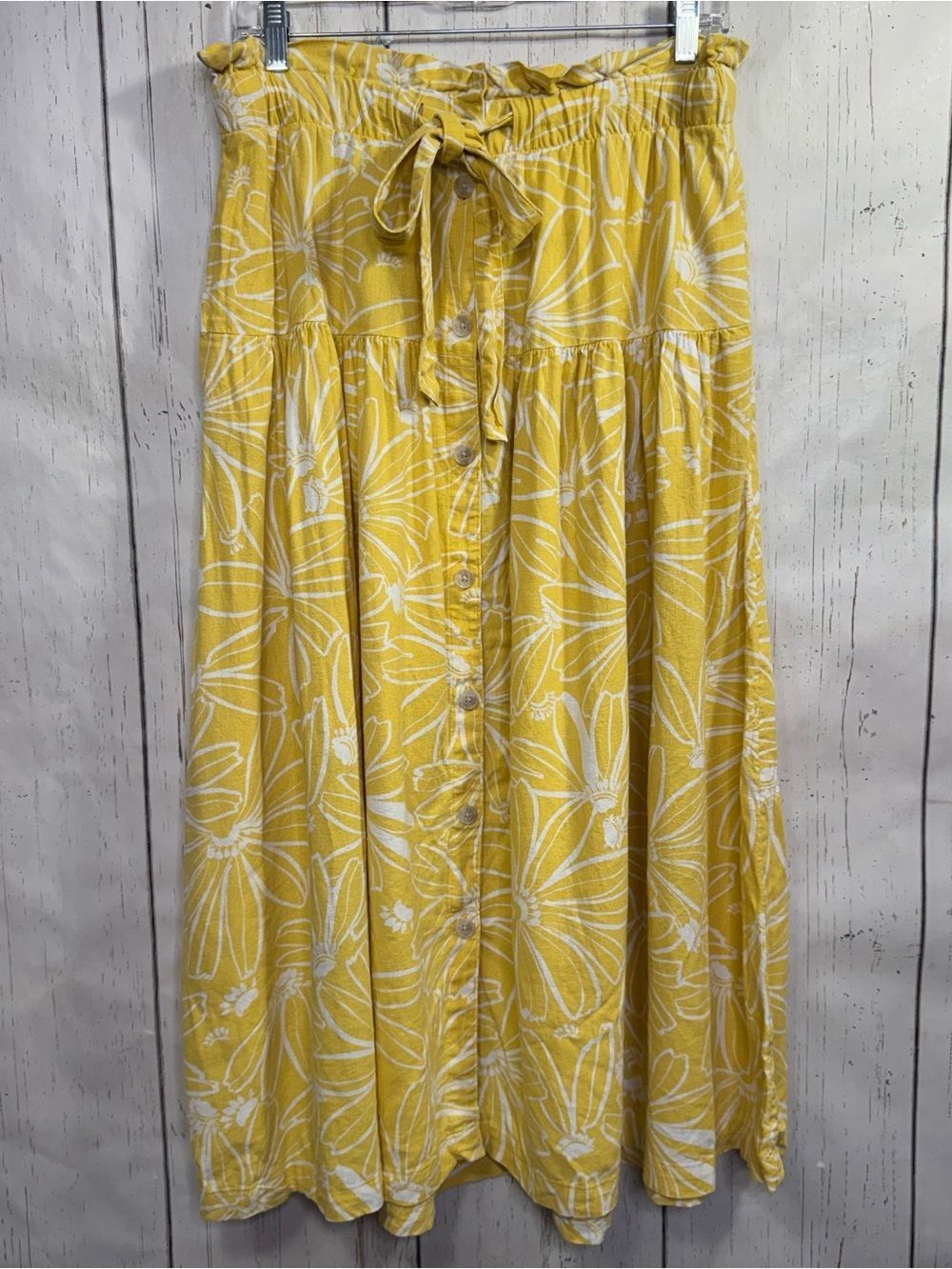 Universal Thread Yellow Floral Linen Blend Button Front Midi Skirt Cottagecore M